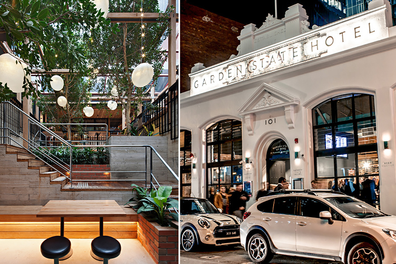 Terraced stairs under the globe canopy — and the Garden State Hotel facade on Flinders Lane