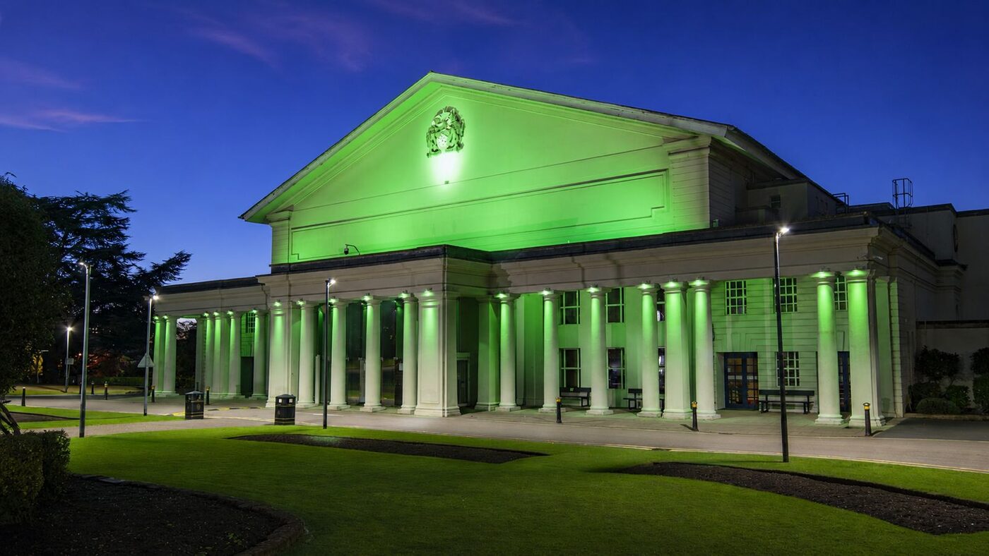 De Montfort Hall — green colour programme across the heritage façade