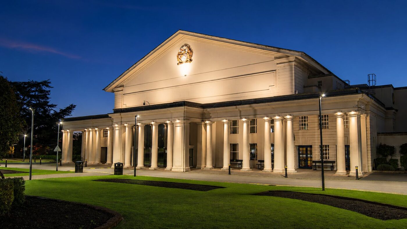De Montfort Hall — warm white column wash for evening events