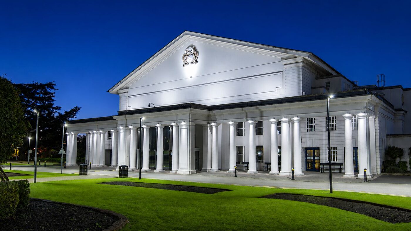 De Montfort Hall — cool white architectural register