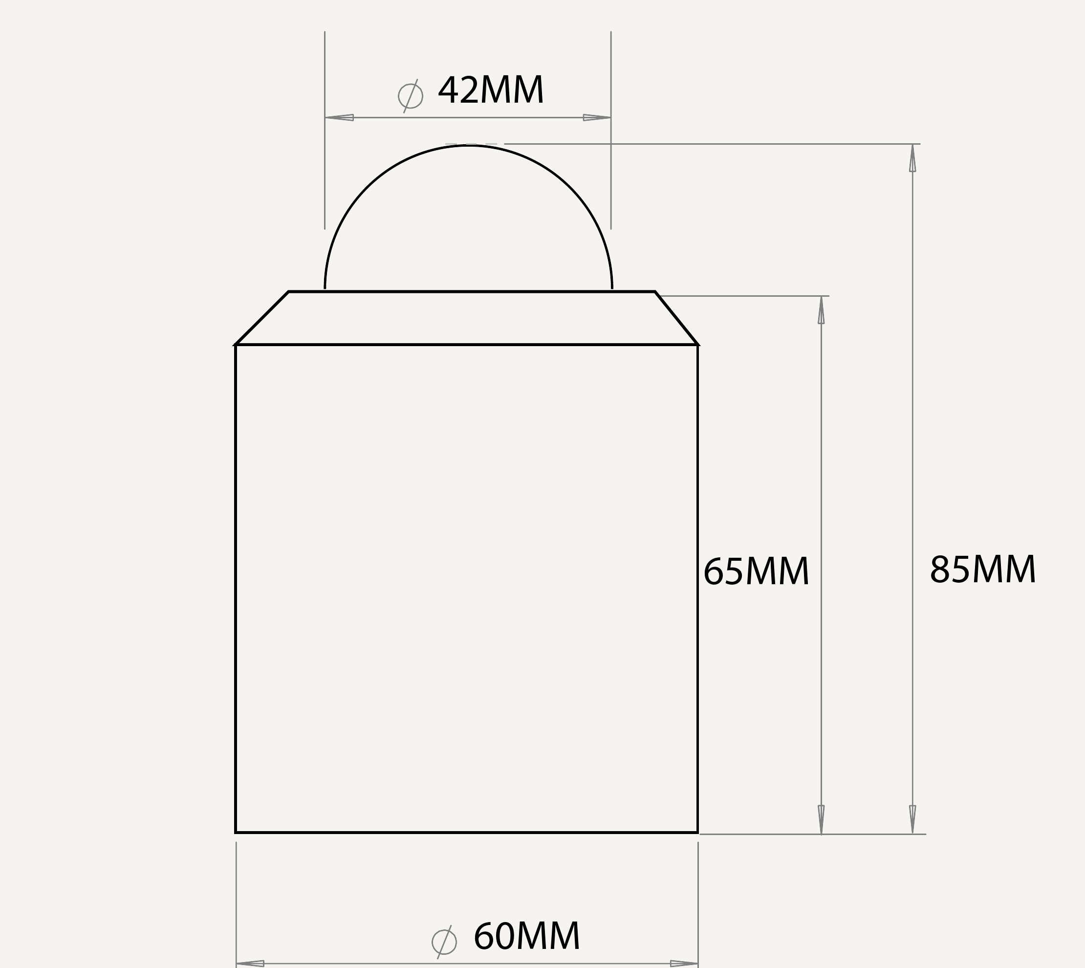 MaxiDOT 102 180° dimensions — Ø 42 mm / 1.65 in dome, Ø 60 mm / 2.36 in body, 65 mm / 2.56 in body height, 85 mm / 3.35 in total