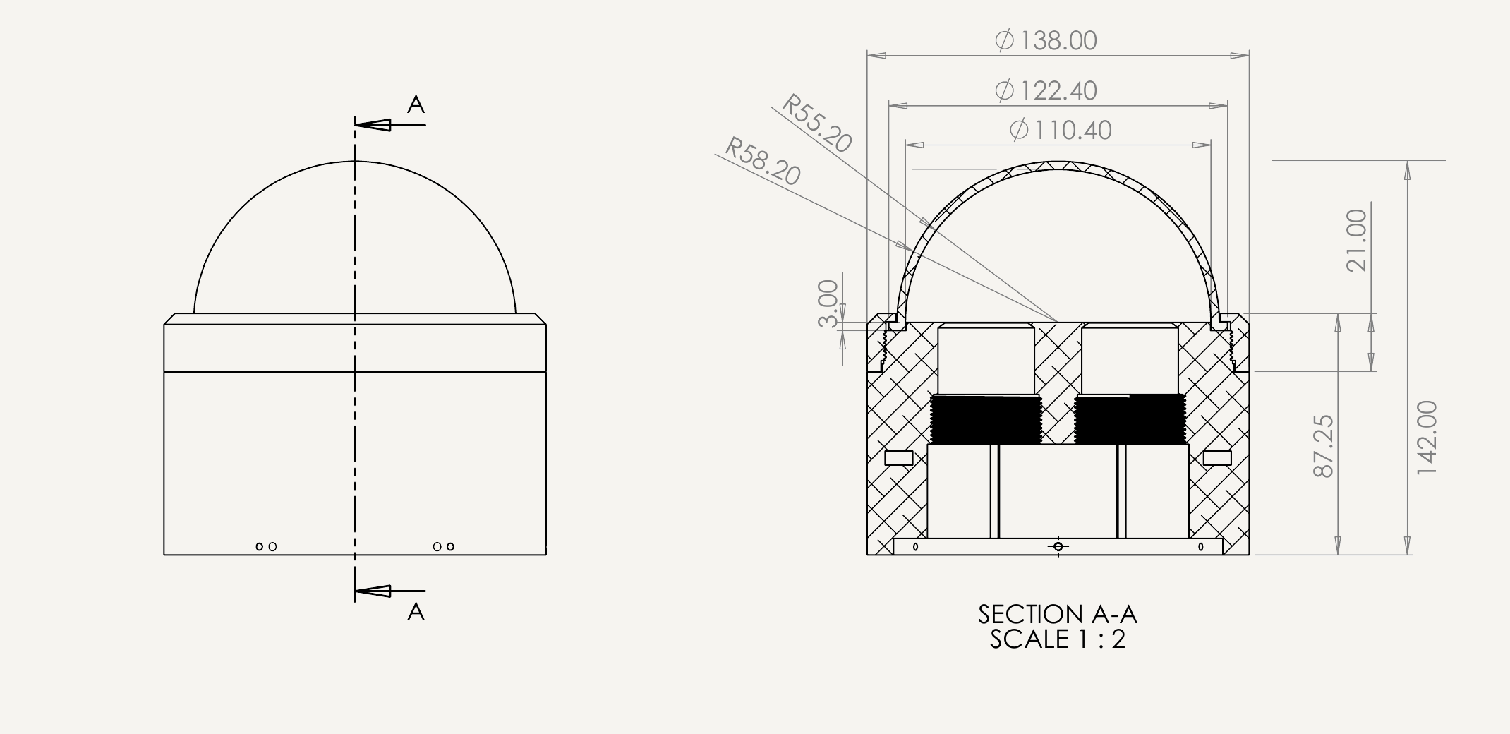 MaxiDOT 302 180° dimensions — Front elevation + Section A-A: Ø 138 body, Ø 122.4 dome, 87.25 body height, 142 total, R55.20/R58.20 dome radii
